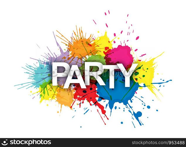 PARTY. Word on a background of colored paint splashes.