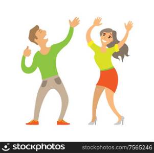 Partying couple, man and woman dancing on disco vector. Isolated clubbing pair, male and female enjoying party, dancing boyfriend and girlfriend in club. Partying Couple, Man and Woman Dancing on Disco
