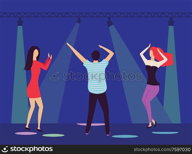 Partying man and woman vector, people in club dancing with loud music, spotlights and lights on stage, clubbers relaxing in nightclub active dancers. People in Night Club Dancing Man Woman Clubbing