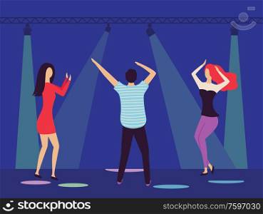 Partying man and woman vector, people in club dancing with loud music, spotlights and lights on stage, clubbers relaxing in nightclub active dancers. People in Night Club Dancing Man Woman Clubbing