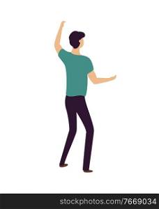 Partying man dancing and moving with music vector, dancer black view isolated male flat style. Guy wearing tshirt and trousers having fun in club. Dancing Man Raising Hands Up, Clubber on Party