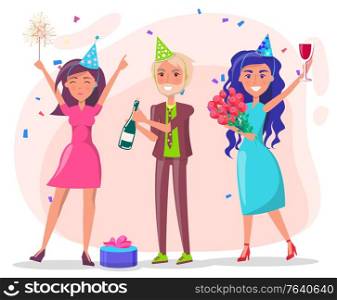 Partying people celebrating birthday together. Friends drinking champagne and wine at party. Woman holding bouquet of flowers, wearing paper hat. youth with presents dancing under confetti vector. Friends Celebrating Birthday, People on Party