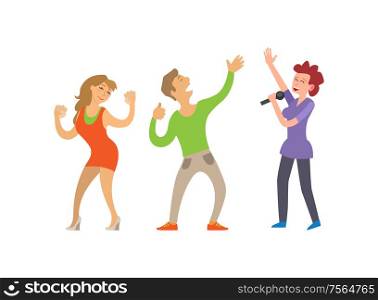 Partying people dancing couple and female singer vector. Clubbing lady and male, boyfriend and girlfriend dancers, singing woman with microphone mic. Partying People Dancing Couple and Female Singer