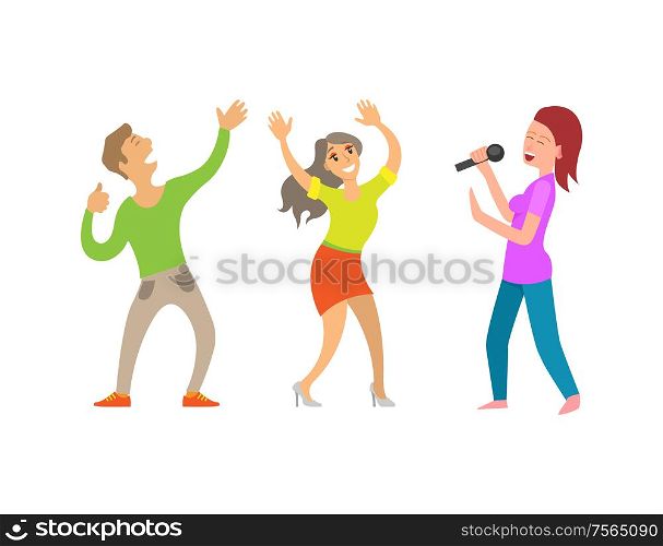 Partying people having fun lady with microphone vector. Couple dancing, woman singing and entertaining guests, show clubbing male and female clubbers. Partying People Having Fun Lady with Microphone