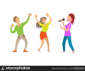 Partying people having fun lady with microphone vector. Couple dancing, woman singing and entertaining guests, show clubbing male and female clubbers. Partying People Having Fun Lady with Microphone