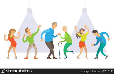 Partying people vector, senior old couple with wooden stick dancing, young male and female on performance, man and woman on stage with spotlights. Nightclub Old and Young People Dancing at Disco