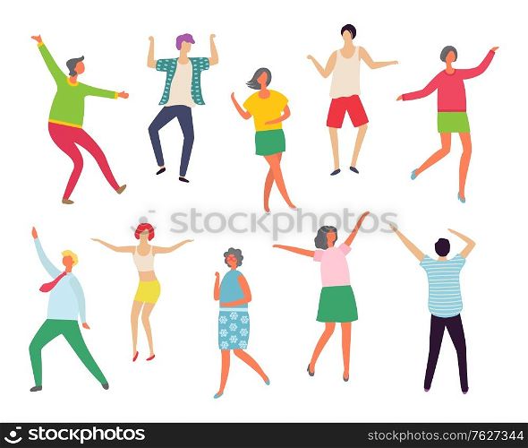 Partying people with good mood vector, isolated man and woman couples waving hands and shaking bodies flat style. Male and female at club, clubbing. Dancing people. Flat cartoon. Disco Dancers Man and Woman, Couples at Party