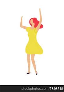 Partying woman dancing and having fun vector, funny character wearing yellow dress, dancer isolated flat style adult. Party celebration and activity. Dancing Woman Raising Hands Up, Clubber at Party