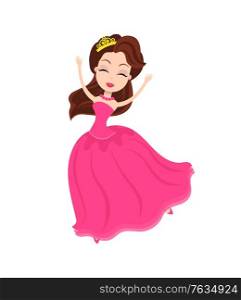 Partying women dancing in dress, female wearing formal costume happily spending time, elegant female with cute hairstyle isolated dancer. Vector illustration in flat cartoon style. Bride Dancing and Smiling, Bridesmade Partying