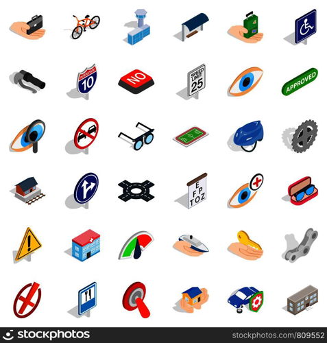 Pass icons set. Isometric style of 36 pass vector icons for web isolated on white background. Pass icons set, isometric style