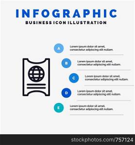 Pass, Passport, Ticket, Hotel Blue Infographics Template 5 Steps. Vector Line Icon template