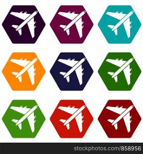 Passenger airliner icon set many color hexahedron isolated on white vector illustration. Passenger airliner icon set color hexahedron