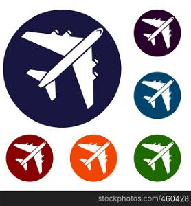 Passenger airliner icons set in flat circle reb, blue and green color for web. Passenger airliner icons set