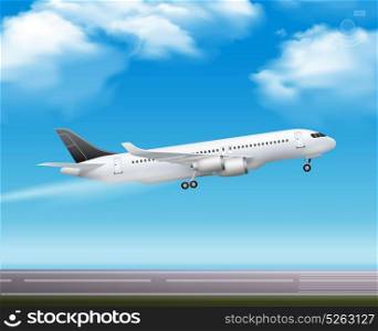Passenger Airliner Takeoff Realistic Poster. Large modern passenger airliner jet takeoff realistic air transportation services advertisement poster blue sky background vector illustration