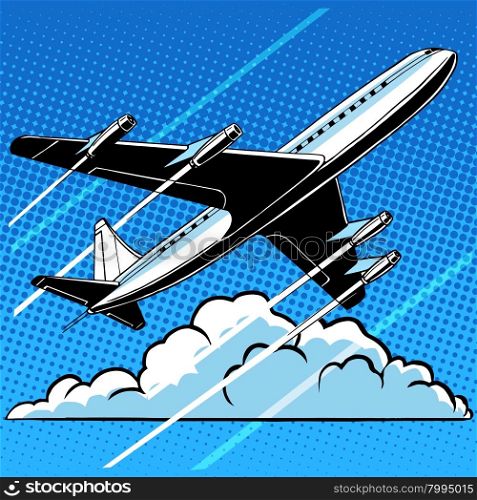 Passenger airplane in the clouds retro background pop art style. Travel and aviation. Transport and flights. Passenger airplane in the clouds retro background