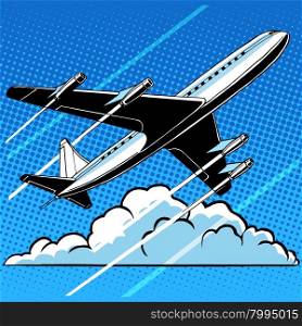 Passenger airplane in the clouds retro background pop art style. Travel and aviation. Transport and flights. Passenger airplane in the clouds retro background