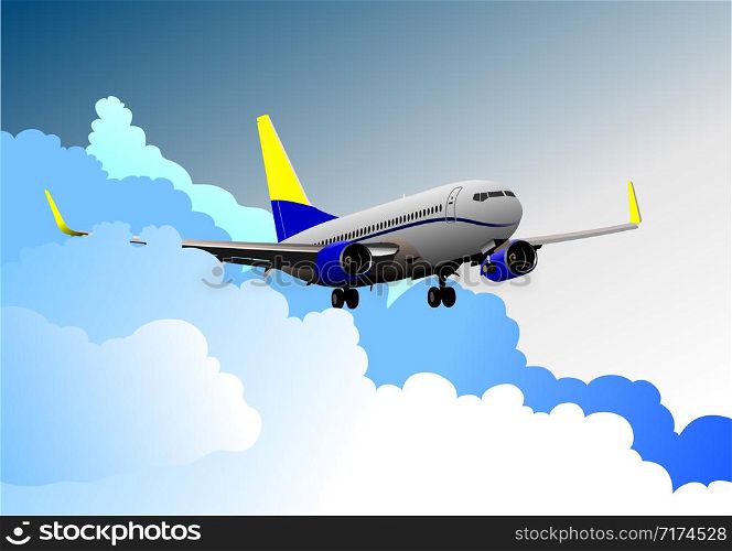 Passenger airplane on the air. Lending. Vector illustration