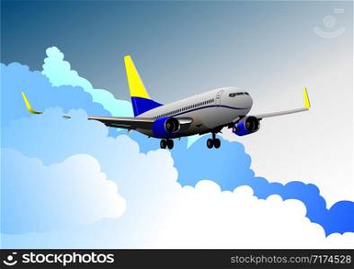 Passenger airplane on the air. Lending. Vector illustration