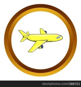 Passenger airplane vector icon in golden circle, cartoon style isolated on white background. Passenger airplane vector icon