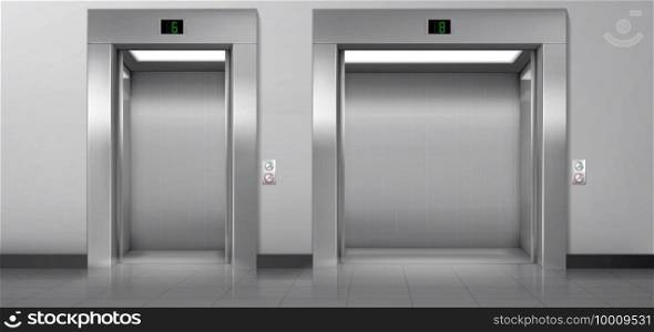 Passenger and cargo elevators with open doors in hallway. Vector realistic empty modern interior with lifts, metal panel with buttons and floor display on wall in hall of hotel, office or house. Passenger and cargo elevators with open doors