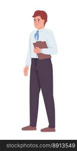 Passenger assistant with tablet semi flat color vector character. Airport staff. Editable figure. Full body person on white. Simple cartoon style illustration for web graphic design and animation. Passenger assistant with tablet semi flat color vector character