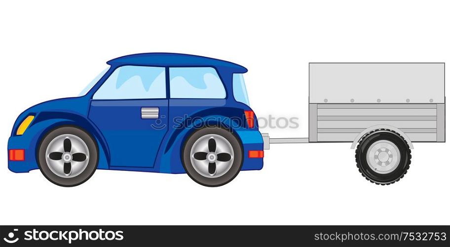 Passenger car with pushcart on white background is insulated. Vector illustration of the passenger car with trailor