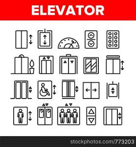 Passenger Elevator, Lift Vector Linear Icons Set. Condominium Indoor Elevator Door Outline Symbols Pack. Apartment Building Lift With Up And Down Buttons Isolated Contour Illustrations. Passenger Elevator, Lift Vector Linear Icons Set