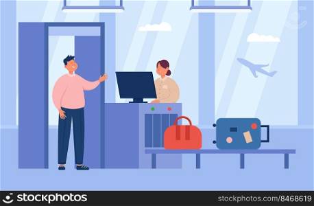 Passenger going through metal body scanner with luggage on belt. Man standing at gate, woman controlling baggage on conveyor flat vector illustration. Airport security check point, airline concept. Passenger going through metal body scanner with luggage on belt