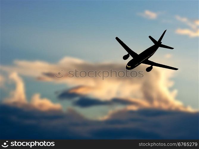 Passenger jet airplane silhouette in blurred sunset sky. Vector illustration.