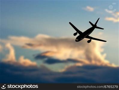 Passenger jet airplane silhouette in blurred sunset sky. Vector illustration.