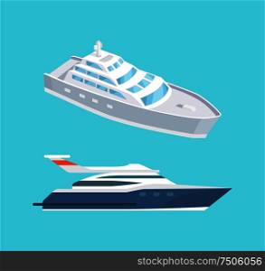 Passenger liner marine traveling vessel and police rescue service boat vector icons. Yacht sailing in deep blue waters, steamship cruise nautical craft. Passenger Liner Marine Travel Vessel Rescue Boat
