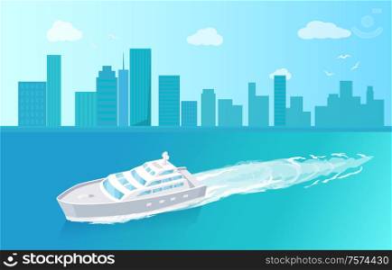 Passenger liner marine traveling vessel vector at cityscape. Modern yacht sailing in deep blue waters, steamship cruise nautical craft, sailboat sample. Passenger Liner Marine Travel Vessel Vector icon