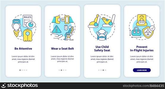 Passenger safety tips onboarding mobile app screen. Wear seatbelt walkthrough 4 steps editable graphic instructions with linear concepts. UI, UX, GUI template. Myriad Pro-Bold, Regular fonts used. Passenger safety tips onboarding mobile app screen