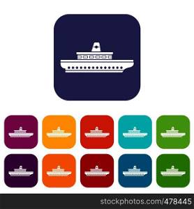 Passenger ship icons set vector illustration in flat style in colors red, blue, green, and other. Passenger ship icons set