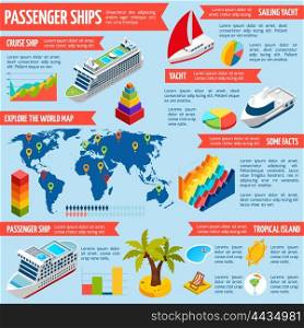 Passenger Ships Yachts Boats Isometric Infographics. Passenger cruise liners routes with world map and yachts clubs information isometric infographic presentation banner abstract vector illustration