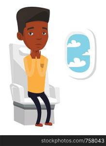 Passenger shocked by plane flight in turbulent area. Airplane passenger frightened by flight. Terrified passenger sitting in airplane seat. Vector flat design illustration isolated on white background. Young man suffering from fear of flying.