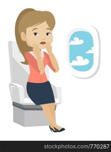 Passenger shocked by plane flight in turbulent area. Airplane passenger frightened by flight. Terrified passenger sitting in airplane seat. Vector flat design illustration isolated on white background. Young woman suffering from fear of flying.