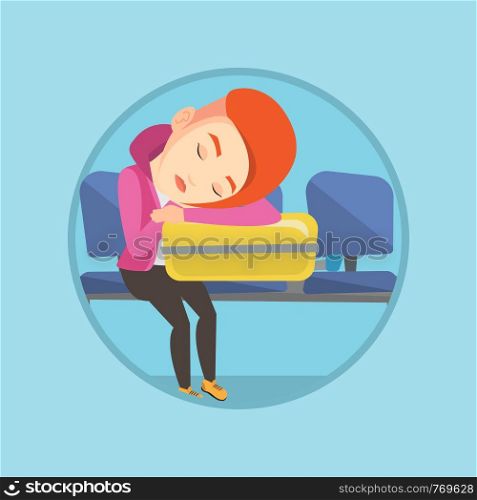 Passenger sleeping on luggage in airport. Woman sleeping on suitcase at airport. Woman waiting for flight and sleeping on suitcase. Vector flat design illustration in the circle isolated on background. Exhausted woman sleeping on suitcase at airport.