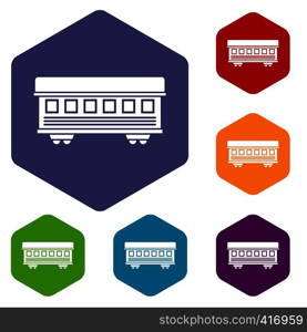 Passenger train car icons set rhombus in different colors isolated on white background. Passenger train car icons set