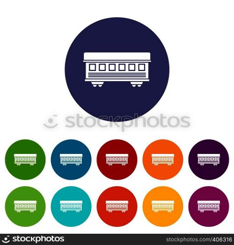 Passenger train car set icons in different colors isolated on white background. Passenger train car set icons