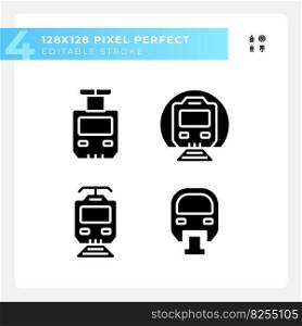 Passenger train pixel perfect black glyph icons set on white space. Steam locomotive. Rail transportation. High speed. Silhouette symbols. Solid pictogram pack. Vector isolated illustration. Passenger train pixel perfect black glyph icons set on white space