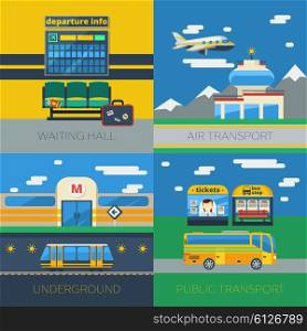 Passenger Transportation 2x2 Design Concept. Passenger transportation 2x2 design concept set of air transport public bus stop waiting hall in airport terminal and underground compositions vector illustration