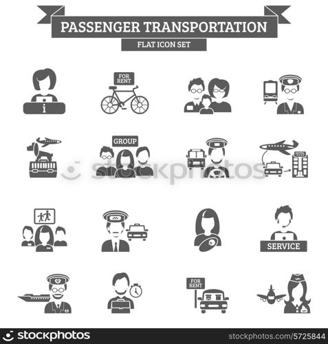 Passenger transportation black icon set with driver captain stewardess isolated vector illustration