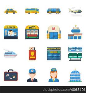 Passenger transportation flat icons set of jet plane bus taxi subway isolated vector illustration . Passenger Transportation Flat Icons