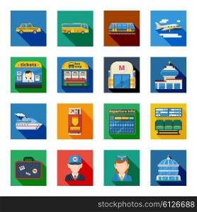 Passenger Transportation Flat Square Icons . Passenger transportation flat square icons set with public transport and employees of metro and air terminal isolated vector illustration