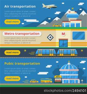 Passenger transportation horizontal banners set of air metro and public transport compositions flat vector illustration . Passenger Transportation Horizontal Banners