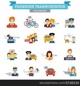 Passenger transportation icon flat set with transport drivers and passengers isolated vector illustration