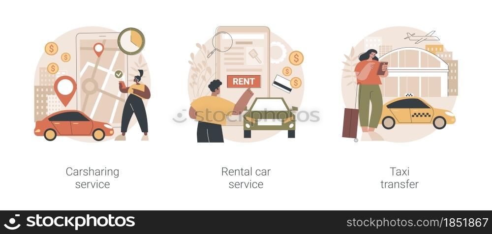 Passenger transportation services abstract concept vector illustration set. Carsharing service application, rental car, taxi transfer, business class, hourly payment, driving abstract metaphor.. Passenger transportation services abstract concept vector illustrations.