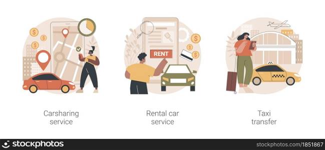 Passenger transportation services abstract concept vector illustration set. Carsharing service application, rental car, taxi transfer, business class, hourly payment, driving abstract metaphor.. Passenger transportation services abstract concept vector illustrations.