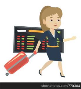 Passenger with suitcase walking on the background of schedule board at the airport. Young caucasian woman pulling suitcase in airport. Vector flat design illustration isolated on white background.. Woman walking with suitcase at the airport.